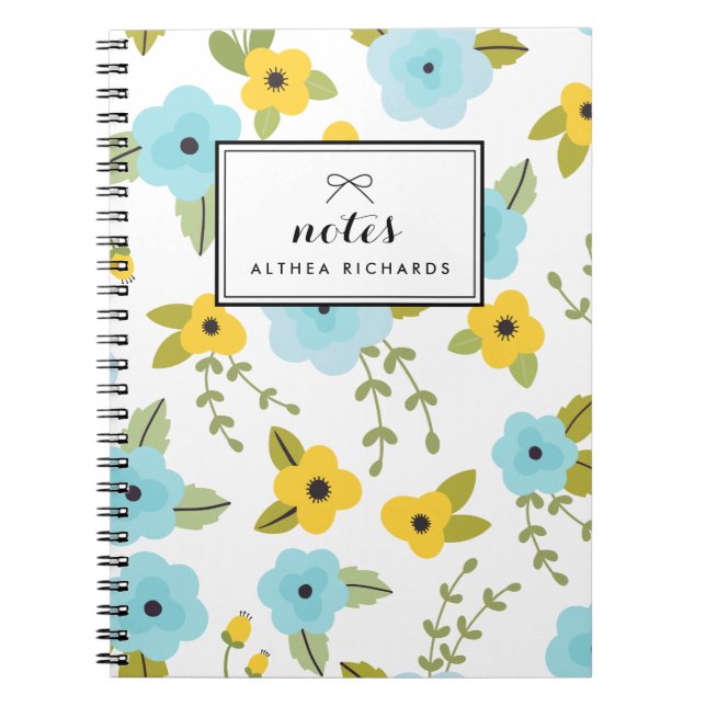 Caderno Espiral Notebook Personalizado Padrão Floral Amarelo e Azu (Frente)