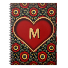 Caderno Espiral Notebook Personalizável Red Vintage Heart Monogram