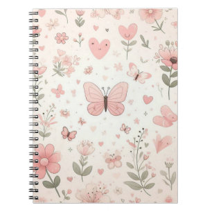 Caderno Espiral Notebook Pink Flowers and Butterflies