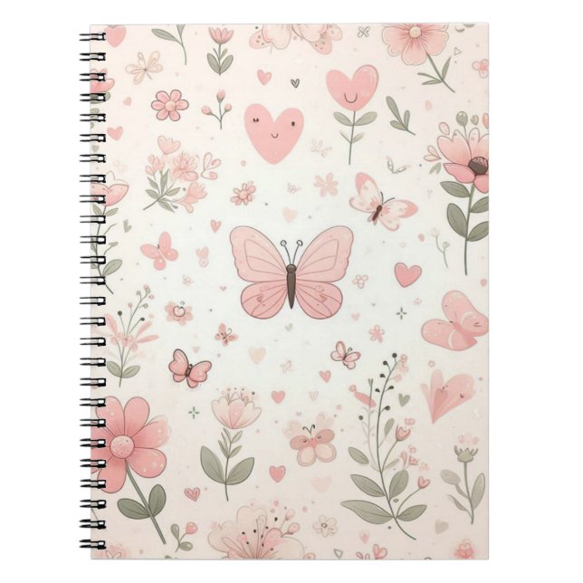 Caderno Espiral Notebook Pink Flowers and Butterflies (Frente)