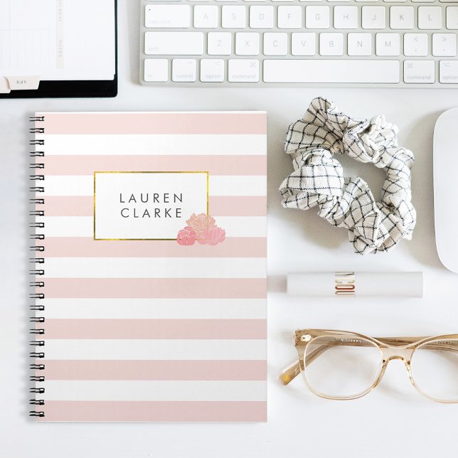 Caderno Espiral Notebook Pink Stripe & Blush Peony (Criador carregado)
