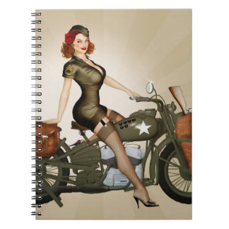 Caderno Espiral Notebook Pinup de motocicleta do Exército Vintage
