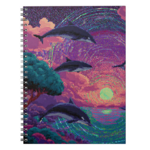 Caderno Espiral Notebook Pixel Sunset Dolphins Cosmic Vortex