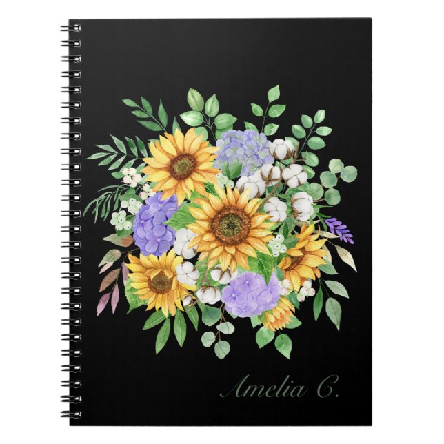Caderno Espiral Notebook preto bonito e moderno Buquê de girassol (Frente)