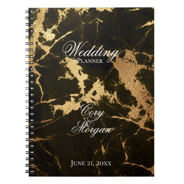 Caderno Espiral Notebook Preto com Dourada Marblagem de Casamento (Frente)