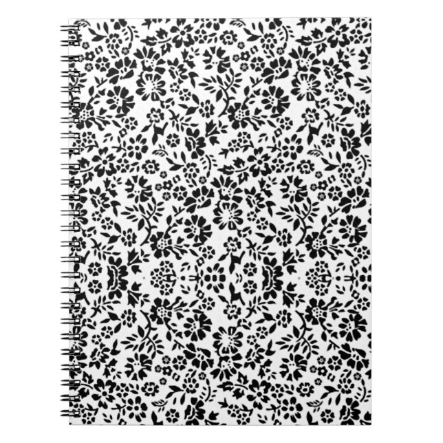 Caderno Espiral Notebook preto e branco florado. (Frente)