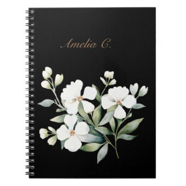 Caderno Espiral Notebook Preto Floral Elegante
