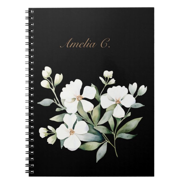 Caderno Espiral Notebook Preto Floral Elegante (Frente)