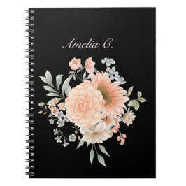Caderno Espiral Notebook Preto Floral Elegante
