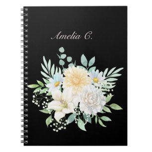 Caderno Espiral Notebook Preto Floral Elegante