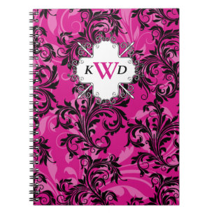 Caderno Espiral Notebook preto-rosa monograma com rolagem branca