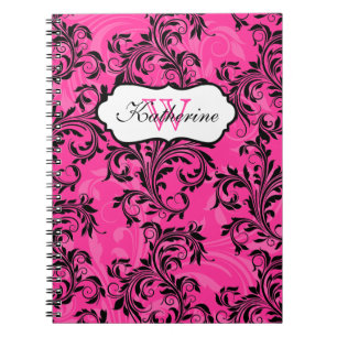Caderno Espiral Notebook preto-rosa monograma com rolagem branca