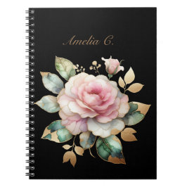 Caderno Espiral Notebook preto rosa rosa-d-água elegante