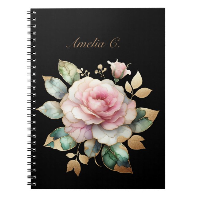 Caderno Espiral Notebook preto rosa rosa-d-água elegante (Frente)