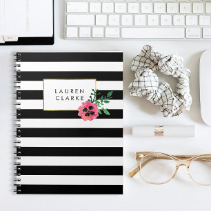 Caderno Espiral Notebook Preto Stripe & Rosa Floral