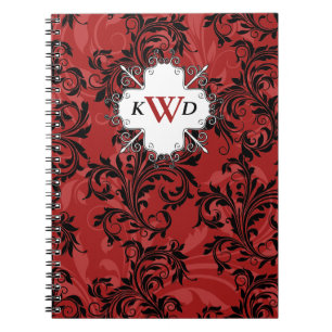 Caderno Espiral Notebook preto vermelho monograma com rolagem bran