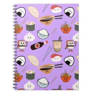 Caderno Espiral Notebook Purple Kawaii Ramen and Sushi Friends