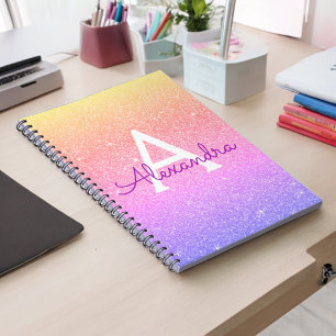 Caderno Espiral Notebook Rainbow Glitter Sparkle Monograma