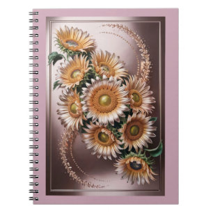 Caderno Espiral Notebook rosa rosa rosa Dourado Girassóis Metálico