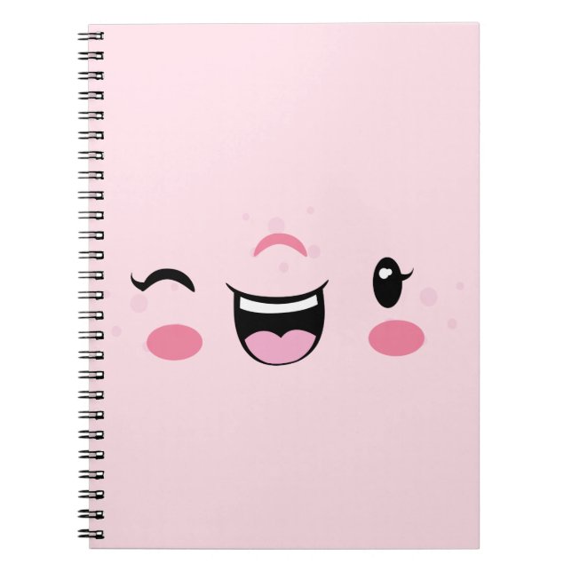 Caderno Espiral Notebook rosa Winking Kawaii Face (Frente)