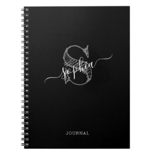 Caderno Espiral Notebook Russo Monograma Branco Negro Personalizad