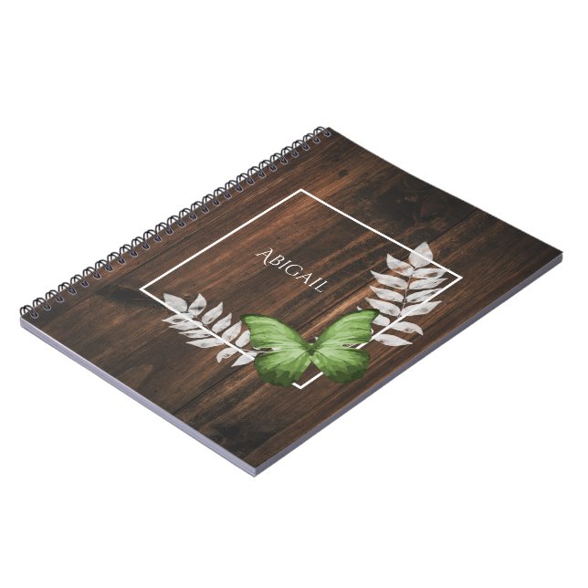 Caderno Espiral Notebook Rustic Green Butterfly Personalizado (Left Side)
