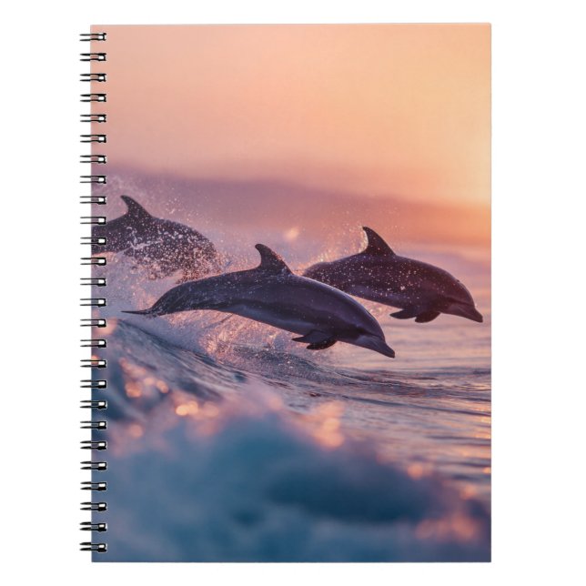 Caderno Espiral Notebook Sunset Dolphins Jumping Waves (Frente)