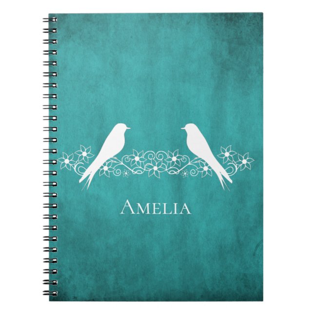 Caderno Espiral Notebook Teal Lovebird Floral Vine (Frente)