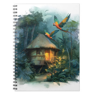 Caderno Espiral Notebook Tropical Jungle Parrots Bamboo Hut Art