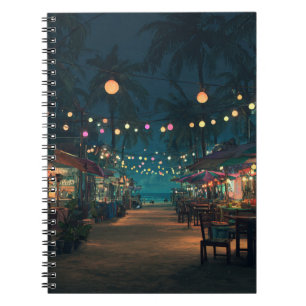 Caderno Espiral Notebook Tropical Night Market Lanterna Glow Art