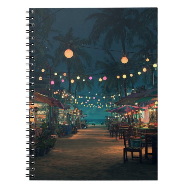 Caderno Espiral Notebook Tropical Night Market Lanterna Glow Art (Frente)