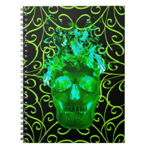 Caderno Espiral Notebook Verde Flame Skull Spiral