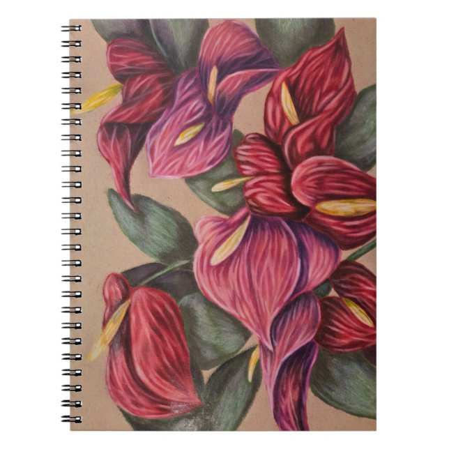 Caderno Espiral Notebook vermelho e cor-de-rosa com anturium (Frente)