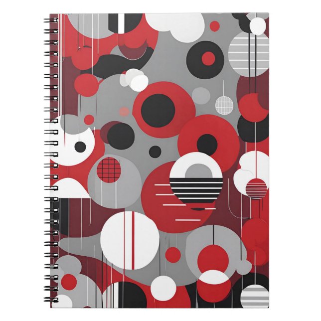 Caderno Espiral Notebook vermelho geométrico - Círculos Negros e M (Frente)