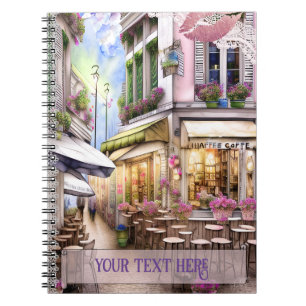 Caderno Espiral Notebook Whimsical French Street Café, Watrecolor