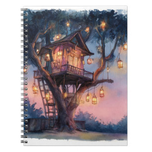 Caderno Espiral Notebook Whimsical Lantern Treehouse Twilight Art