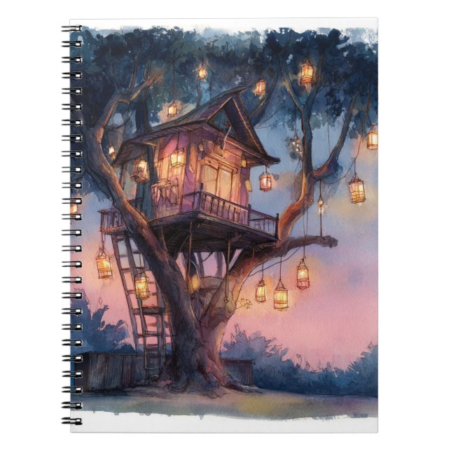 Caderno Espiral Notebook Whimsical Lantern Treehouse Twilight Art (Frente)