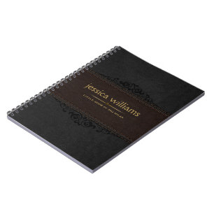 Caderno Espiral Noteboto de Elemento Floral Preto de Couro Castanh