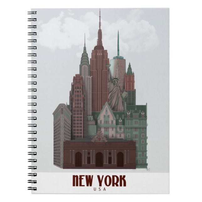 Caderno Espiral Nova York em Nuvens - Vermelho Escuro e Verde (Frente)