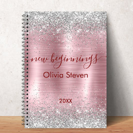 Caderno Espiral novo começo blush monograma de brilho falso pratea