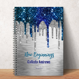 Caderno Espiral Novos começos Monograma com brilho azul prateado
