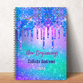 Caderno Espiral Novos começos monograma com brilho e degradê azul