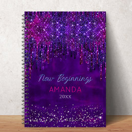 Caderno Espiral Novos começos Roxo falso brilho Gotas personalizad