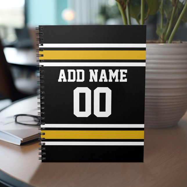 Caderno Espiral Número de Nome Personalizado de Futebol Dourado Ne (Personalized notebook with Sports Jersey Football Design - Custom Name and Other Text)