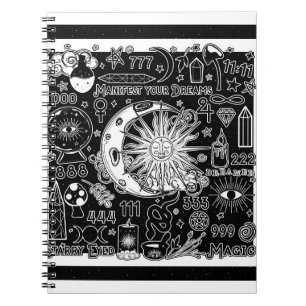 Caderno Espiral Numerologia Sortuda Manifestando Preto e Branco Má