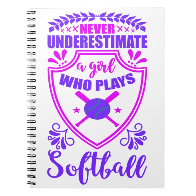 Caderno Espiral Nunca Subestime Uma Garota Que Joga Softball (Frente)