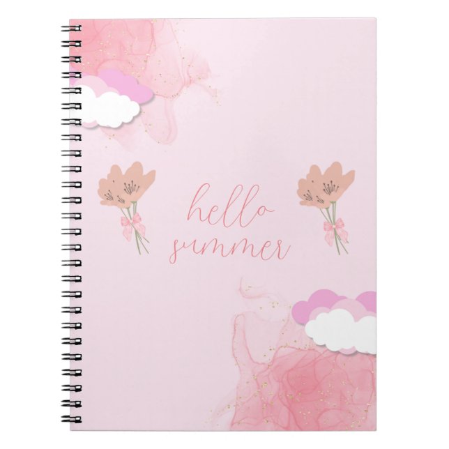 Caderno Espiral Nuvens bonitinhas e flores cor-de-rosa (Frente)