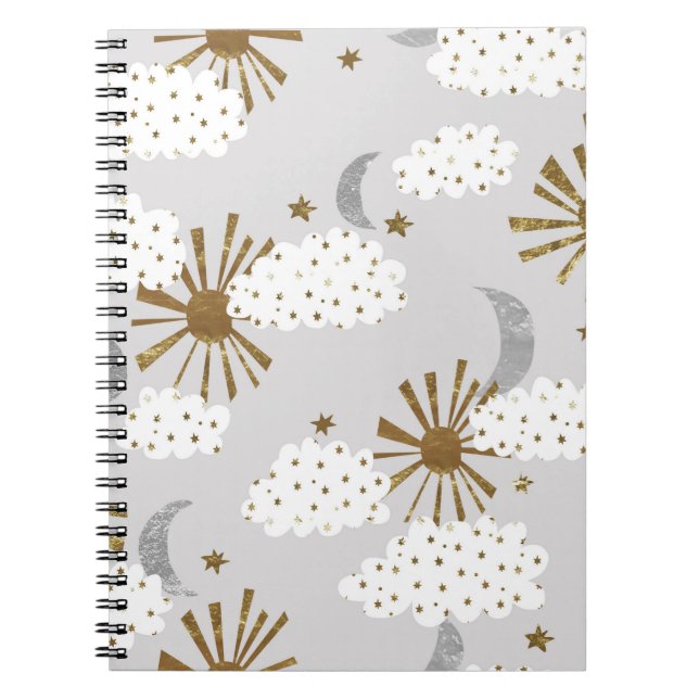 Caderno Espiral Nuvens, sol e lua, padrão minimalista. (Frente)