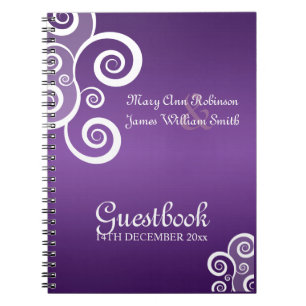 Caderno Espiral O branco do Guestbook do casamento roda roxo