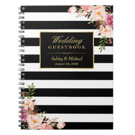 Caderno Espiral O branco preto listra o Guestbook floral do